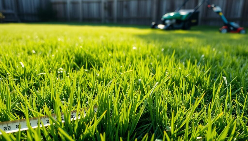 A lush lawn with varying grass heights, illuminated by soft, directional sunlight. In the foreground, a tape measure highlights the measurement of different blade lengths. In the middle ground, garden tools like a lawn mower and grass trimmer suggest the impact of mowing techniques. The background features a weathered wooden fence, hinting at the influence of seasonal changes on optimal mowing height. The overall scene conveys a sense of thoughtful consideration of the factors that impact the ideal mowing height for lawn health before winter. A lush lawn with varying grass heights, illuminated by soft, directional sunlight. In the foreground, a tape measure highlights the measurement of different blade lengths. In the middle ground, garden tools like a lawn mower and grass trimmer suggest the impact of mowing techniques. The background features a weathered wooden fence, hinting at the influence of seasonal changes on optimal mowing height. The overall scene conveys a sense of thoughtful consideration of the factors that impact the ideal mowing height for lawn health before winter.