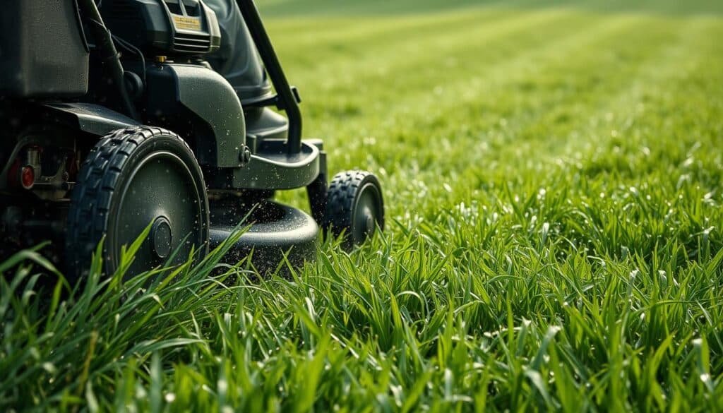 A lush, verdant lawn covered in a sheen of glistening droplets, as a mower struggles to navigate the slippery terrain. The foreground depicts the mower's wheels sinking into the saturated grass, the engine laboring against the resistance. In the middle ground, the mower operator leans forward, brow furrowed with concentration, attempting to maintain control. The background showcases the larger lawn, with wet blades bending under the weight of the moisture, creating a patchwork of light and shadow. Soft, diffused lighting casts a gentle, moody ambiance, emphasizing the challenges of mowing in these damp conditions. A lush, verdant lawn covered in a sheen of glistening droplets, as a mower struggles to navigate the slippery terrain. The foreground depicts the mower's wheels sinking into the saturated grass, the engine laboring against the resistance. In the middle ground, the mower operator leans forward, brow furrowed with concentration, attempting to maintain control. The background showcases the larger lawn, with wet blades bending under the weight of the moisture, creating a patchwork of light and shadow. Soft, diffused lighting casts a gentle, moody ambiance, emphasizing the challenges of mowing in these damp conditions.