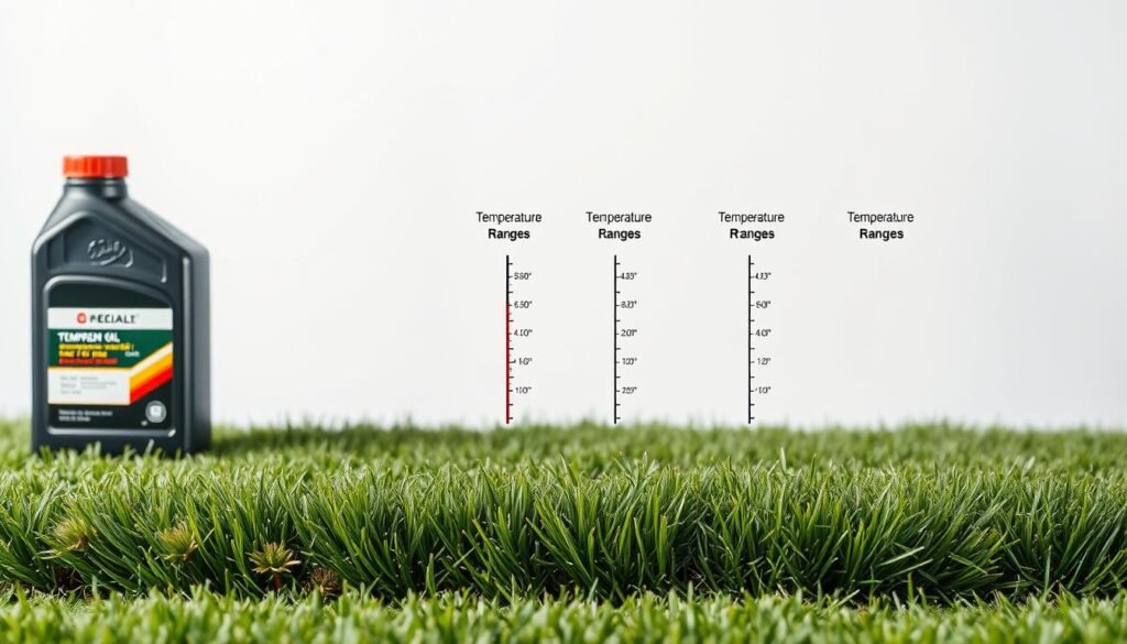 A meticulously detailed diagram showcasing the optimal temperature ranges for different types of lawn mower oil. The foreground features a clean, minimalist layout with neatly arranged oil bottles and temperature labels. The middle ground depicts a finely textured grass surface, subtly hinting at the real-world application. The background is a softly blurred, neutral-toned backdrop, allowing the informative elements to take center stage. The lighting is bright yet even, creating a crisp, authoritative atmosphere. The entire composition is captured from a slightly elevated, frontal perspective, conveying a sense of technical proficiency and instructional purpose.