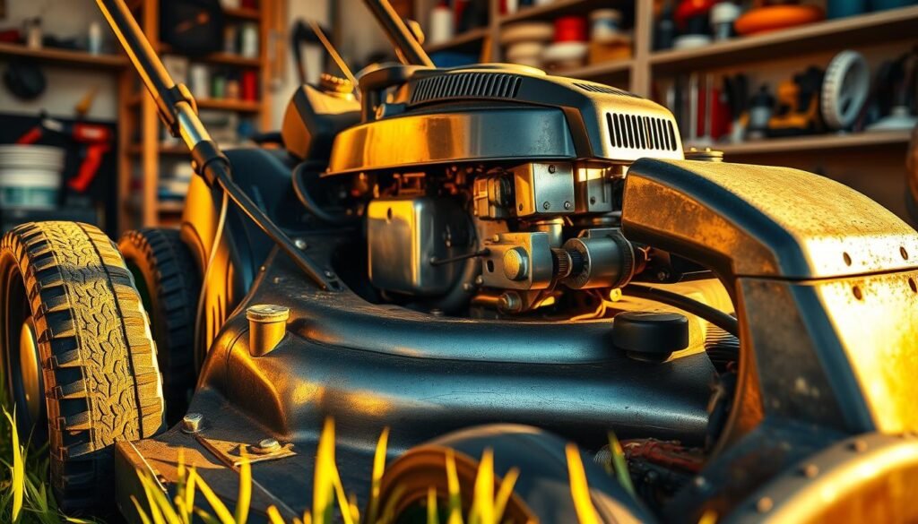 A meticulously maintained lawn mower, its gleaming metal surfaces bathed in warm, golden afternoon light. In the foreground, the mower's blades are inspected, each tooth sharp and precisely aligned. In the middle ground, the engine is disassembled, its components neatly laid out for thorough examination. The background reveals a well-equipped workshop, shelves filled with tools and supplies for comprehensive lawn mower care. The scene conveys a sense of diligence, attention to detail, and the importance of preventative maintenance to ensure the reliable performance of this essential outdoor power equipment. A meticulously maintained lawn mower, its gleaming metal surfaces bathed in warm, golden afternoon light. In the foreground, the mower's blades are inspected, each tooth sharp and precisely aligned. In the middle ground, the engine is disassembled, its components neatly laid out for thorough examination. The background reveals a well-equipped workshop, shelves filled with tools and supplies for comprehensive lawn mower care. The scene conveys a sense of diligence, attention to detail, and the importance of preventative maintenance to ensure the reliable performance of this essential outdoor power equipment.