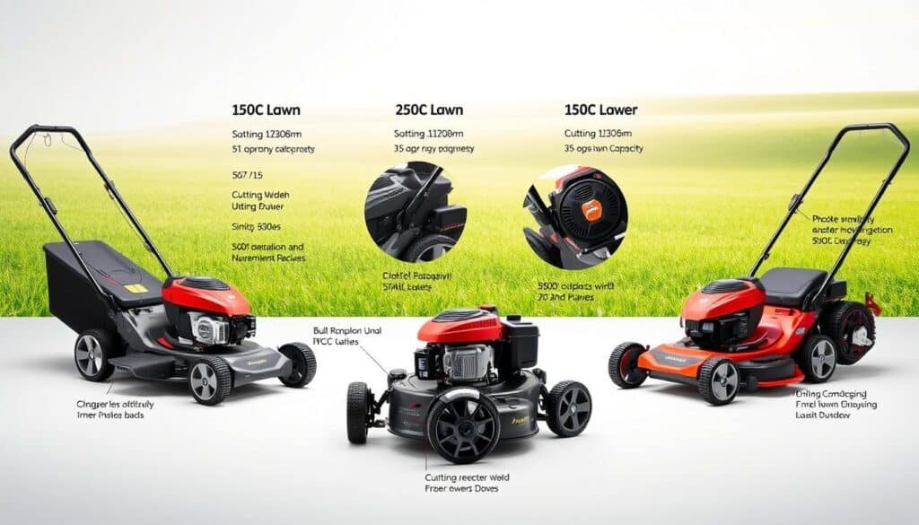 A neatly arranged display of 150cc lawn mower product features, showcased in a bright, well-lit studio setting. In the foreground, three distinct lawn mower models are presented, each highlighted with key technical specifications such as horsepower, cutting width, and fuel capacity. The middle ground features detailed close-up shots of the mowers' cutting decks, engine compartments, and control panels, allowing for a thorough examination of their design and functionality. The background depicts a serene, grassy landscape, emphasizing the mowers' intended use and performance. The overall composition conveys a sense of professionalism and expertise, guiding the viewer through the essential considerations when selecting a 150cc lawn mower.
