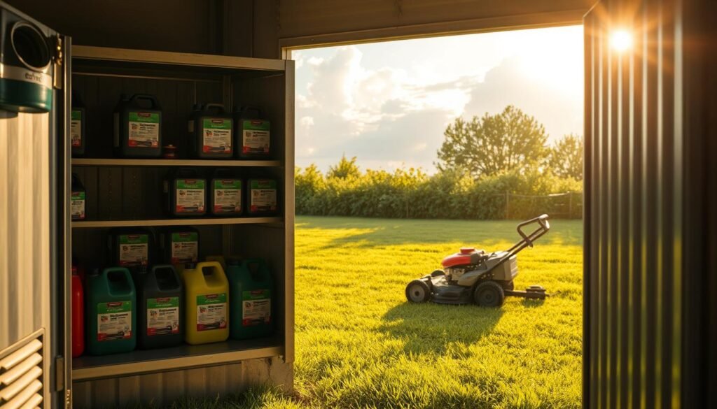 A neatly arranged gasoline storage area with a well-ventilated metal cabinet or shed in the foreground. Shelves hold properly labeled fuel canisters, each with a secure cap. The middle ground features a well-maintained lawnmower, its fuel tank empty. The background depicts a lush, verdant lawn, bathed in warm, golden afternoon sunlight filtering through fluffy clouds. The overall scene conveys a sense of safety, organization, and responsible gasoline handling practices for lawnmower maintenance. A neatly arranged gasoline storage area with a well-ventilated metal cabinet or shed in the foreground. Shelves hold properly labeled fuel canisters, each with a secure cap. The middle ground features a well-maintained lawnmower, its fuel tank empty. The background depicts a lush, verdant lawn, bathed in warm, golden afternoon sunlight filtering through fluffy clouds. The overall scene conveys a sense of safety, organization, and responsible gasoline handling practices for lawnmower maintenance.