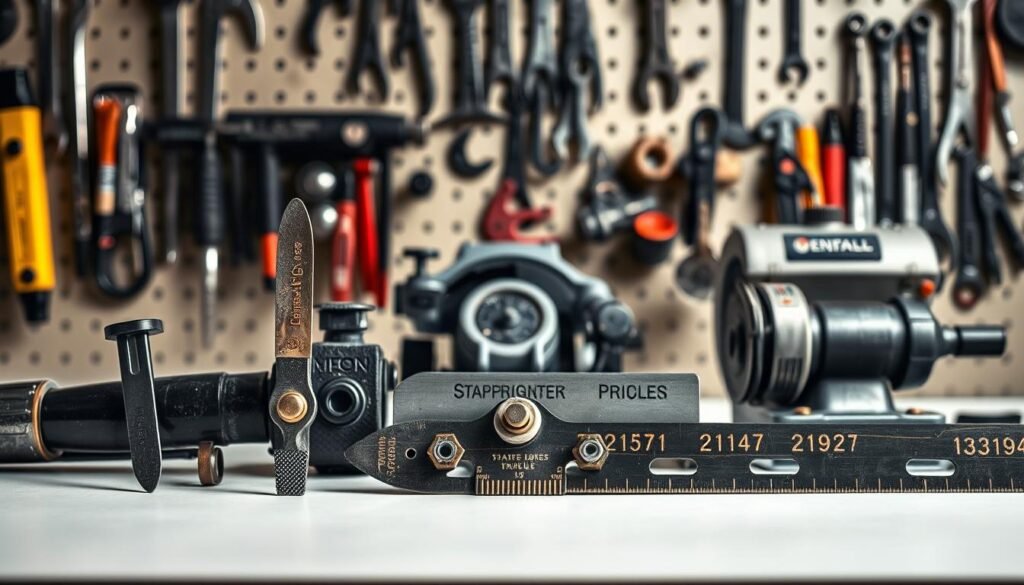 A neatly organized collection of sharpening tools for lawn mower blades, showcased on a clean, well-lit workbench. In the foreground, a sharp file, a sturdy vise, and a metal sharpening guide stand ready. In the middle ground, a rotary grinder and a bench grinder provide precision sharpening capabilities. The background features a pegboard with various wrenches, pliers, and other essential maintenance tools, creating a professional, workshop-like atmosphere. Soft, directional lighting illuminates the scene, emphasizing the intricate details of the tools and the smooth, clean surfaces of the workbench. A neatly organized collection of sharpening tools for lawn mower blades, showcased on a clean, well-lit workbench. In the foreground, a sharp file, a sturdy vise, and a metal sharpening guide stand ready. In the middle ground, a rotary grinder and a bench grinder provide precision sharpening capabilities. The background features a pegboard with various wrenches, pliers, and other essential maintenance tools, creating a professional, workshop-like atmosphere. Soft, directional lighting illuminates the scene, emphasizing the intricate details of the tools and the smooth, clean surfaces of the workbench.