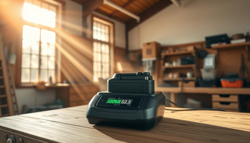 A pristine, well-lit workshop interior with a sturdy wooden workbench. On the surface, a lawn mower battery rests atop a sleek, modern battery charger. Rays of warm, natural light stream in through large windows, casting a soft glow on the scene. The charger's display shows the battery's charge level, indicating the time remaining until it's fully replenished. The overall atmosphere is one of efficiency, productivity, and attention to detail, reflecting the informative nature of the article's section on lawn mower battery charging times. A pristine, well-lit workshop interior with a sturdy wooden workbench. On the surface, a lawn mower battery rests atop a sleek, modern battery charger. Rays of warm, natural light stream in through large windows, casting a soft glow on the scene. The charger's display shows the battery's charge level, indicating the time remaining until it's fully replenished. The overall atmosphere is one of efficiency, productivity, and attention to detail, reflecting the informative nature of the article's section on lawn mower battery charging times.