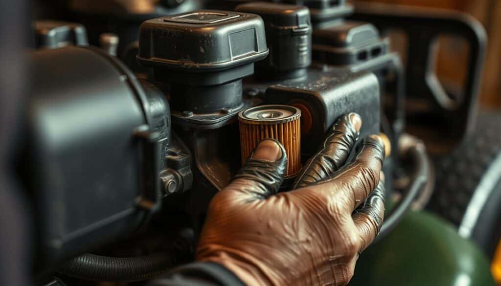 A well-lit close-up of a mechanic's hands closely inspecting the inner components of a lawn mower engine, including the oil reservoir, filter, and surrounding parts. The mechanic's face is not visible, but their hands are covered in grease, suggesting they are in the process of diagnosing an oil-related issue. The background is blurred, keeping the focus on the intricate details of the engine. The lighting is natural and warm, creating a sense of a workshop environment. The overall mood is one of focused problem-solving and a methodical approach to uncovering the source of the oil leak or malfunction. A well-lit close-up of a mechanic's hands closely inspecting the inner components of a lawn mower engine, including the oil reservoir, filter, and surrounding parts. The mechanic's face is not visible, but their hands are covered in grease, suggesting they are in the process of diagnosing an oil-related issue. The background is blurred, keeping the focus on the intricate details of the engine. The lighting is natural and warm, creating a sense of a workshop environment. The overall mood is one of focused problem-solving and a methodical approach to uncovering the source of the oil leak or malfunction.
