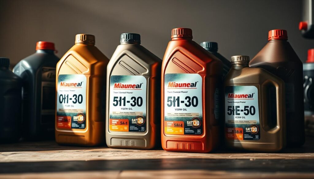 A well-lit close-up of various motor oil bottles and containers neatly arranged on a wooden table or workbench. The bottles should feature clear labels displaying their viscosity grades, such as 10W-30, 5W-40, and SAE 30, to illustrate the different oil types suitable for lawn mowers. The lighting should be natural and soft, creating a warm, inviting atmosphere that emphasizes the technical details of the oils. The composition should be visually balanced, with the bottles placed in an aesthetically pleasing arrangement that showcases their unique shapes and colors. The background should be minimalist, allowing the oils to be the focal point of the image. A well-lit close-up of various motor oil bottles and containers neatly arranged on a wooden table or workbench. The bottles should feature clear labels displaying their viscosity grades, such as 10W-30, 5W-40, and SAE 30, to illustrate the different oil types suitable for lawn mowers. The lighting should be natural and soft, creating a warm, inviting atmosphere that emphasizes the technical details of the oils. The composition should be visually balanced, with the bottles placed in an aesthetically pleasing arrangement that showcases their unique shapes and colors. The background should be minimalist, allowing the oils to be the focal point of the image.