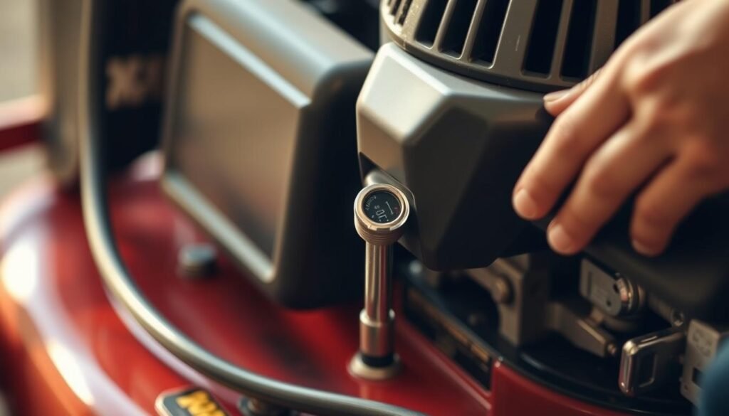 A well-lit, close-up photograph of a mechanic's hand checking the oil dipstick on a lawn mower engine. The dipstick is clearly visible, with the oil level indicated by the mark. The background is blurred, focusing the viewer's attention on the action. The scene conveys a sense of care and attention to detail, reflecting the importance of proper oil maintenance for lawn mower equipment. The lighting is warm and natural, creating a welcoming atmosphere. A well-lit, close-up photograph of a mechanic's hand checking the oil dipstick on a lawn mower engine. The dipstick is clearly visible, with the oil level indicated by the mark. The background is blurred, focusing the viewer's attention on the action. The scene conveys a sense of care and attention to detail, reflecting the importance of proper oil maintenance for lawn mower equipment. The lighting is warm and natural, creating a welcoming atmosphere.