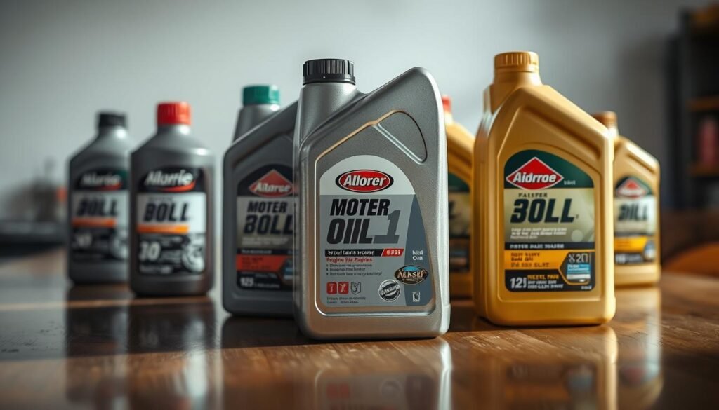 A well-lit, close-up photograph of various motor oil bottles and cans, prominently displaying their labels and key details like viscosity, engine type, and manufacturer. The bottles are arranged in a neat, organized manner on a clean, reflective surface, such as a wooden or metal table. The lighting is soft and even, casting subtle shadows that add depth and dimension to the scene. The background is out of focus, creating a sense of focus and emphasis on the motor oil products. The overall tone is informative and practical, conveying the importance of selecting the appropriate oil for a push lawn mower. A well-lit, close-up photograph of various motor oil bottles and cans, prominently displaying their labels and key details like viscosity, engine type, and manufacturer. The bottles are arranged in a neat, organized manner on a clean, reflective surface, such as a wooden or metal table. The lighting is soft and even, casting subtle shadows that add depth and dimension to the scene. The background is out of focus, creating a sense of focus and emphasis on the motor oil products. The overall tone is informative and practical, conveying the importance of selecting the appropriate oil for a push lawn mower.