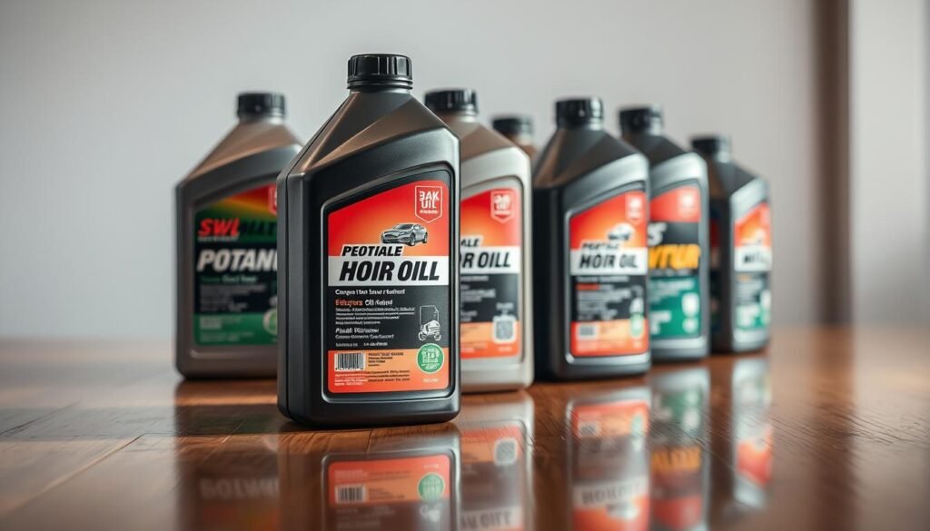 A well-lit, close-up shot of a set of motor oil bottles or containers, neatly arranged on a clean, reflective wooden surface. The bottles should be high-quality, brand-name products, with clearly visible labels displaying their technical specifications, such as viscosity, service type, and any other relevant information. The lighting should be soft and even, highlighting the textures and details of the bottles. The composition should be balanced and visually appealing, with the bottles occupying the majority of the frame. The overall mood should convey a sense of professionalism, expertise, and attention to detail, suitable for an informative article on lawn mower oil selection.