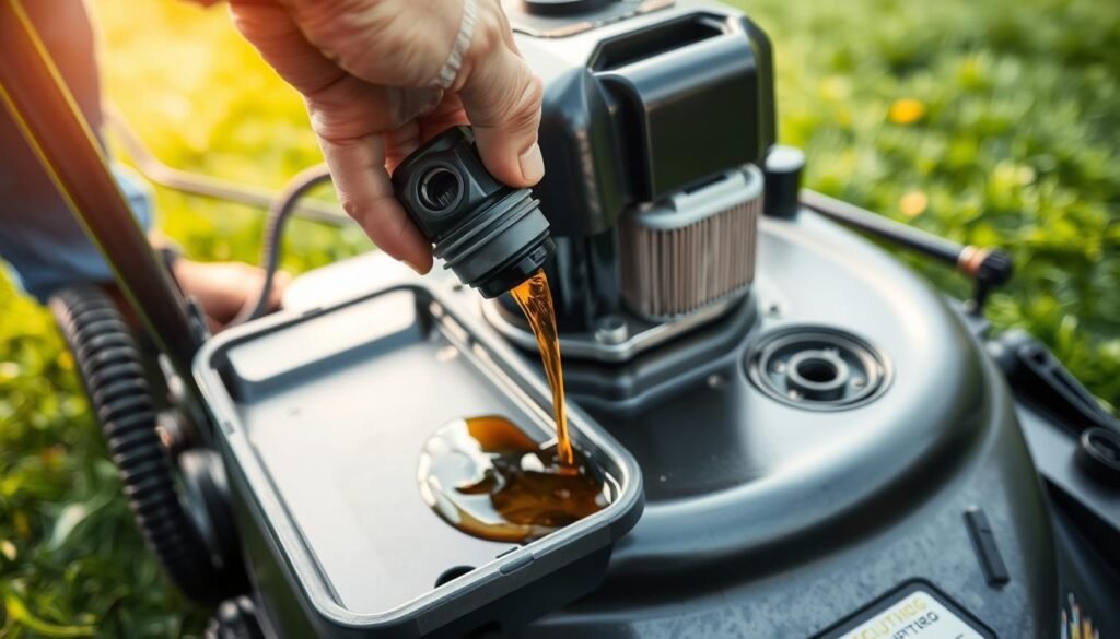 A well-lit, close-up view of a person's hands changing the oil in a lawn mower. The foreground shows the hands unscrewing the oil drain plug, allowing dirty oil to flow out into a collection tray. The middle ground showcases the lawn mower's engine, with the oil filter clearly visible. The background features a lush, green lawn, conveying the setting of maintaining outdoor equipment. The lighting is soft and even, capturing the details of the task in a warm, natural atmosphere. The image should have a technical, instructional feel while still being visually appealing. A well-lit, close-up view of a person's hands changing the oil in a lawn mower. The foreground shows the hands unscrewing the oil drain plug, allowing dirty oil to flow out into a collection tray. The middle ground showcases the lawn mower's engine, with the oil filter clearly visible. The background features a lush, green lawn, conveying the setting of maintaining outdoor equipment. The lighting is soft and even, capturing the details of the task in a warm, natural atmosphere. The image should have a technical, instructional feel while still being visually appealing.