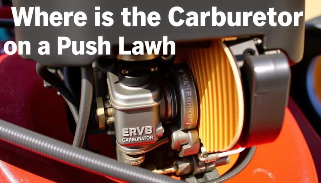 A well-lit, close-up view of the internal components of a push lawn mower, focusing on the carburetor positioned behind the air filter. The carburetor is highlighted, revealing its intricate design and position within the mower's engine compartment. The image showcases the spatial relationship between the air filter and the carburetor, providing a clear visual reference for the section title "Where is the Carburetor on a Push Lawn Mower". The lighting is natural and directional, casting subtle shadows that enhance the depth and three-dimensional quality of the scene. The overall composition is clean, uncluttered, and emphasizes the key technical details relevant to the article's subject. A well-lit, close-up view of the internal components of a push lawn mower, focusing on the carburetor positioned behind the air filter. The carburetor is highlighted, revealing its intricate design and position within the mower's engine compartment. The image showcases the spatial relationship between the air filter and the carburetor, providing a clear visual reference for the section title "Where is the Carburetor on a Push Lawn Mower". The lighting is natural and directional, casting subtle shadows that enhance the depth and three-dimensional quality of the scene. The overall composition is clean, uncluttered, and emphasizes the key technical details relevant to the article's subject.