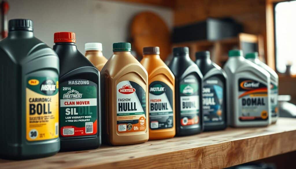 A well-lit, close-up view of various types of lawn mower oil bottles arranged on a clean, wooden workbench. The bottles are positioned neatly, showcasing their different viscosities, labels, and branding. The lighting is soft and diffused, accentuating the textures and colors of the bottles. The background is slightly blurred, keeping the focus on the oil bottles in the foreground. The overall scene conveys a sense of thoughtful consideration and attention to detail, reflecting the importance of choosing the correct oil for a push mower. A well-lit, close-up view of various types of lawn mower oil bottles arranged on a clean, wooden workbench. The bottles are positioned neatly, showcasing their different viscosities, labels, and branding. The lighting is soft and diffused, accentuating the textures and colors of the bottles. The background is slightly blurred, keeping the focus on the oil bottles in the foreground. The overall scene conveys a sense of thoughtful consideration and attention to detail, reflecting the importance of choosing the correct oil for a push mower.