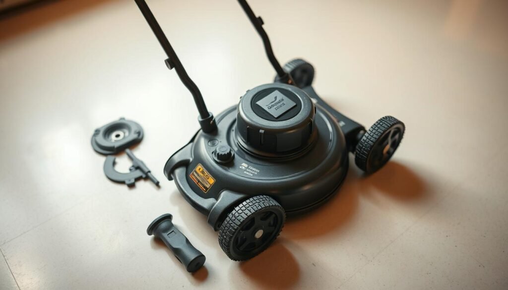 A well-lit, detailed close-up view of a push lawn mower in the process of assembly. The mower's various components, including the handle, wheels, and deck, are laid out on a clean, flat surface, ready to be meticulously put together. The scene conveys a sense of precision and attention to detail, with careful consideration given to the optimal placement and alignment of each part. The lighting is soft and diffuse, creating a warm, inviting atmosphere that emphasizes the technical nature of the task at hand. The composition emphasizes the mower's form and structure, providing a clear and informative visual aid for the article's "Assembly Tips and Push Mower Guidance" section. A well-lit, detailed close-up view of a push lawn mower in the process of assembly. The mower's various components, including the handle, wheels, and deck, are laid out on a clean, flat surface, ready to be meticulously put together. The scene conveys a sense of precision and attention to detail, with careful consideration given to the optimal placement and alignment of each part. The lighting is soft and diffuse, creating a warm, inviting atmosphere that emphasizes the technical nature of the task at hand. The composition emphasizes the mower's form and structure, providing a clear and informative visual aid for the article's "Assembly Tips and Push Mower Guidance" section.