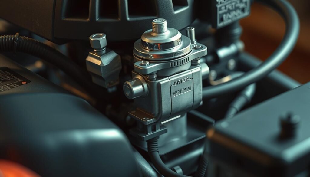 A well-lit, detailed close-up view of a small-engine fuel system, featuring a carburetor, fuel lines, and fuel tank. The components are meticulously rendered, showcasing their intricate mechanisms and materials, such as the metal body, plastic housing, and rubber seals. The lighting creates a sense of depth, highlighting the three-dimensional nature of the parts. The background is slightly blurred, maintaining the focus on the fuel system. The overall mood is one of technical precision and attention to detail, conveying the importance of proper maintenance for small engines like lawn mowers. A well-lit, detailed close-up view of a small-engine fuel system, featuring a carburetor, fuel lines, and fuel tank. The components are meticulously rendered, showcasing their intricate mechanisms and materials, such as the metal body, plastic housing, and rubber seals. The lighting creates a sense of depth, highlighting the three-dimensional nature of the parts. The background is slightly blurred, maintaining the focus on the fuel system. The overall mood is one of technical precision and attention to detail, conveying the importance of proper maintenance for small engines like lawn mowers.