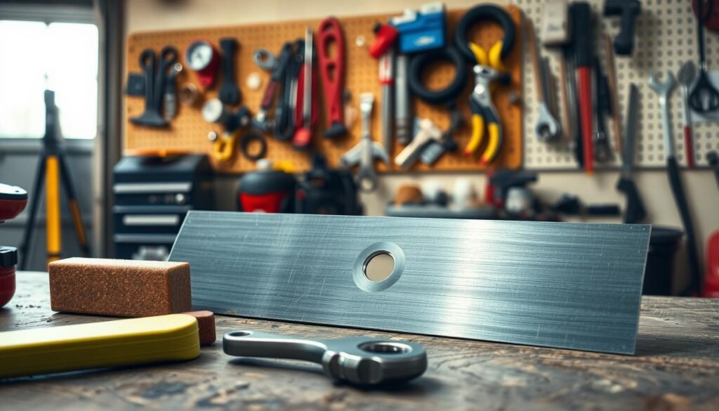 A well-lit garage workshop with a focus on a sturdy mower blade resting on a workbench. In the foreground, a set of precision tools - sharpening stone, file, and wrench - are neatly arranged, hinting at the meticulous maintenance process. The middle ground showcases the blade's sharp edge, with light glinting off the metal to emphasize its condition. In the background, a pegboard displays an array of spare parts and accessories, suggesting a comprehensive approach to mower upkeep. The overall atmosphere conveys a sense of diligence and expertise, reflecting the "Maintenance Best Practices to Enhance Mower Performance" theme. A well-lit garage workshop with a focus on a sturdy mower blade resting on a workbench. In the foreground, a set of precision tools - sharpening stone, file, and wrench - are neatly arranged, hinting at the meticulous maintenance process. The middle ground showcases the blade's sharp edge, with light glinting off the metal to emphasize its condition. In the background, a pegboard displays an array of spare parts and accessories, suggesting a comprehensive approach to mower upkeep. The overall atmosphere conveys a sense of diligence and expertise, reflecting the "Maintenance Best Practices to Enhance Mower Performance" theme.
