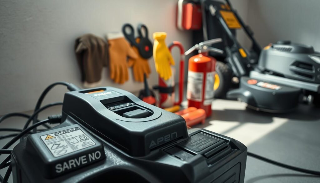 A well-lit, high-angle shot of a lawn mower charging station. In the foreground, a battery charger with clear safety labels is connected to a lawn mower battery. The middle ground features a set of safety tools like protective gloves, safety glasses, and a fire extinguisher, arranged neatly. In the background, a lawn mower is parked, and the space is clean and organized, conveying a sense of safety and attention to detail. The lighting is bright and natural, creating clear visibility and emphasizing the importance of safety precautions during the lawn mower battery charging process. A well-lit, high-angle shot of a lawn mower charging station. In the foreground, a battery charger with clear safety labels is connected to a lawn mower battery. The middle ground features a set of safety tools like protective gloves, safety glasses, and a fire extinguisher, arranged neatly. In the background, a lawn mower is parked, and the space is clean and organized, conveying a sense of safety and attention to detail. The lighting is bright and natural, creating clear visibility and emphasizing the importance of safety precautions during the lawn mower battery charging process.