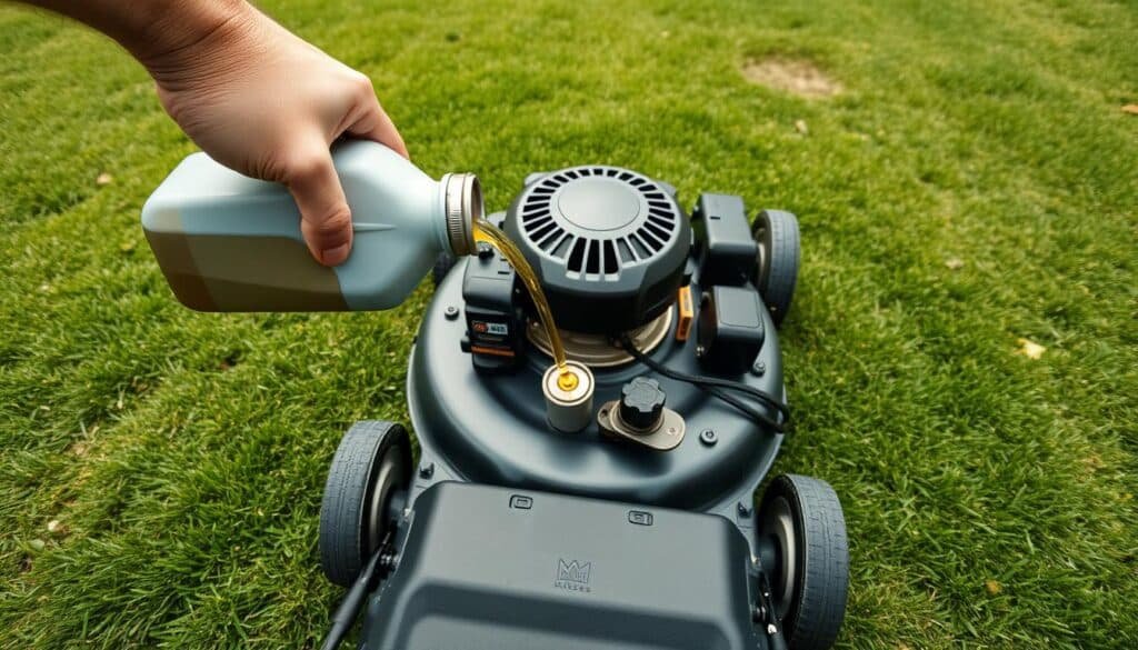 A well-lit, high-angle view of a push lawn mower on a grassy backyard setting. In the foreground, a pair of hands holding an oil container, pouring oil into the mower's engine. The middle ground shows the mower's components, with the oil filter and dipstick clearly visible. The background features a neatly trimmed lawn, with a shed or other outdoor structure in the distance, conveying a sense of a well-maintained, suburban environment. The overall mood is one of a straightforward, step-by-step process, with attention to detail and precision. A well-lit, high-angle view of a push lawn mower on a grassy backyard setting. In the foreground, a pair of hands holding an oil container, pouring oil into the mower's engine. The middle ground shows the mower's components, with the oil filter and dipstick clearly visible. The background features a neatly trimmed lawn, with a shed or other outdoor structure in the distance, conveying a sense of a well-maintained, suburban environment. The overall mood is one of a straightforward, step-by-step process, with attention to detail and precision.