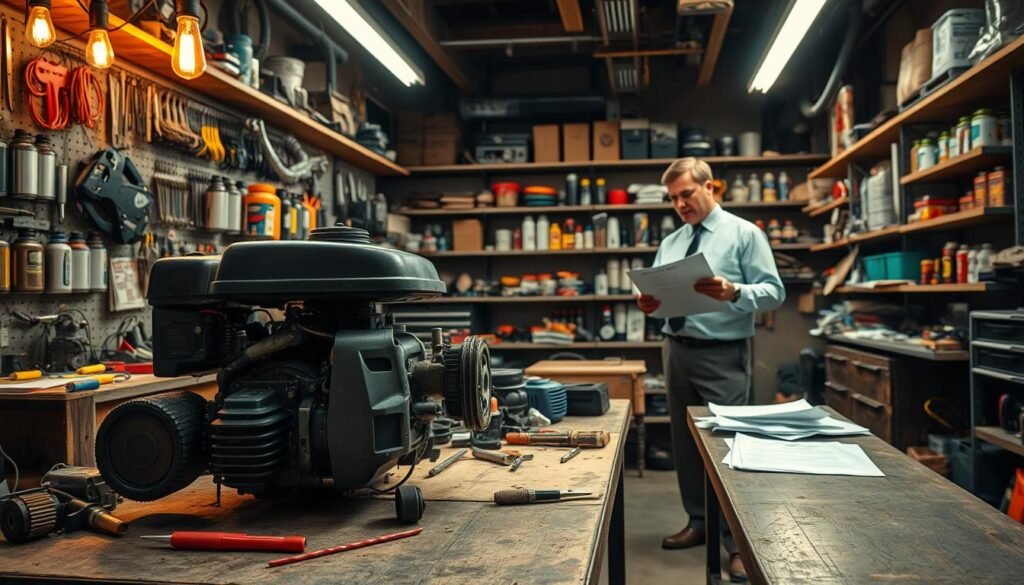 A well-lit, high-angle view of a small engine repair shop. In the foreground, a lawnmower engine sits on a workbench, disassembled with various tools and parts scattered around it. In the middle ground, a tax consultant is reviewing paperwork with a customer, discussing the tax implications of mower engine repair services. In the background, shelves stocked with engine components, fluids, and other repair supplies create a cluttered, industrial atmosphere. The lighting is a mix of warm incandescent bulbs and cool fluorescent tubes, casting dramatic shadows and highlights across the scene. The overall mood is one of focused productivity and technical expertise, with a subtle undercurrent of bureaucratic complexity. A well-lit, high-angle view of a small engine repair shop. In the foreground, a lawnmower engine sits on a workbench, disassembled with various tools and parts scattered around it. In the middle ground, a tax consultant is reviewing paperwork with a customer, discussing the tax implications of mower engine repair services. In the background, shelves stocked with engine components, fluids, and other repair supplies create a cluttered, industrial atmosphere. The lighting is a mix of warm incandescent bulbs and cool fluorescent tubes, casting dramatic shadows and highlights across the scene. The overall mood is one of focused productivity and technical expertise, with a subtle undercurrent of bureaucratic complexity.