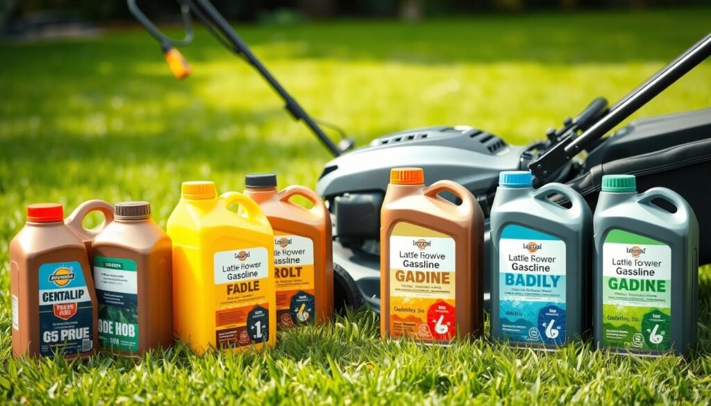 A well-lit, high-resolution image showcasing various gasoline options suitable for powering a lawn mower. In the foreground, there is a selection of fuel cans containing different grades of gasoline, with clear labeling and branding. The cans are arranged in a visually appealing manner, allowing the viewer to easily compare and contrast the different fuel types. The middle ground features a modern, well-maintained lawn mower, its engine compartment open, inviting the viewer to consider the fuel requirements. The background depicts a lush, green lawn, suggesting the ideal setting for the use of these gasoline options. The overall composition conveys a sense of efficiency, safety, and environmental awareness, aligning with the article's subject matter. A well-lit, high-resolution image showcasing various gasoline options suitable for powering a lawn mower. In the foreground, there is a selection of fuel cans containing different grades of gasoline, with clear labeling and branding. The cans are arranged in a visually appealing manner, allowing the viewer to easily compare and contrast the different fuel types. The middle ground features a modern, well-maintained lawn mower, its engine compartment open, inviting the viewer to consider the fuel requirements. The background depicts a lush, green lawn, suggesting the ideal setting for the use of these gasoline options. The overall composition conveys a sense of efficiency, safety, and environmental awareness, aligning with the article's subject matter.