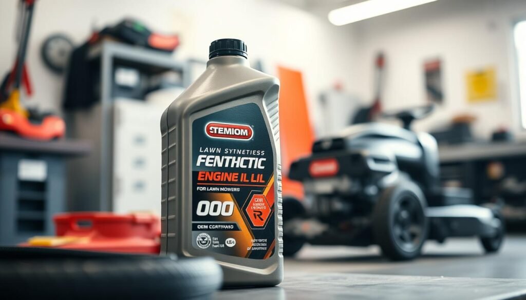A well-lit, high-resolution photograph of a bottle of premium synthetic engine oil for lawn mowers, positioned in the foreground with a shallow depth of field. The bottle is angled slightly towards the camera, showcasing the brand name, product details, and OEM certification prominently. The background is blurred, but suggests a clean, organized workspace or garage setting, conveying the importance of using the right oil for optimal lawn mower performance and longevity.