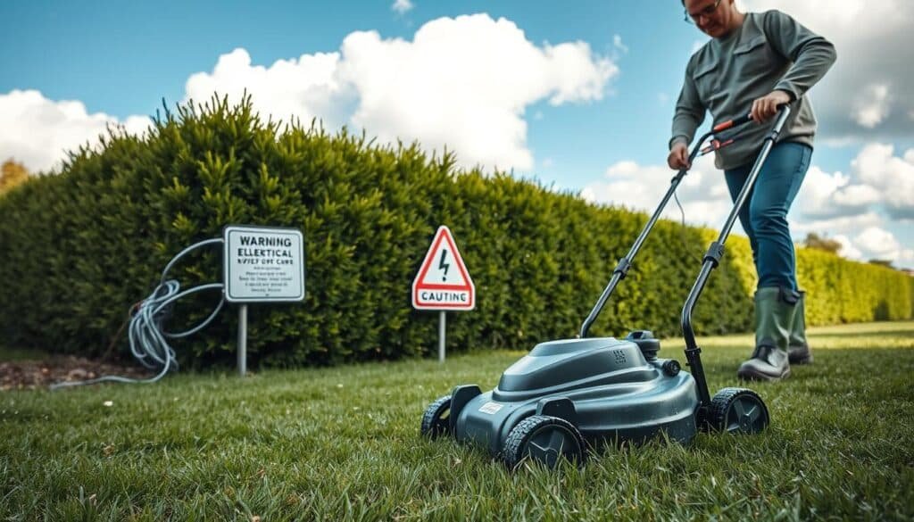 A well-lit outdoor scene showcasing essential safety precautions for wet lawn mowing. In the foreground, a person mowing a lush, dewy lawn while wearing non-slip rubber boots, a long-sleeved shirt, and safety glasses. In the middle ground, an electrical cord is secured off the ground, and a clear warning sign advises caution. The background features a neatly trimmed hedge and a vibrant blue sky with fluffy white clouds, conveying a serene, safe atmosphere. The lighting is soft and natural, accentuating the details and textures. The camera angle is slightly elevated, providing a comprehensive view of the scene.