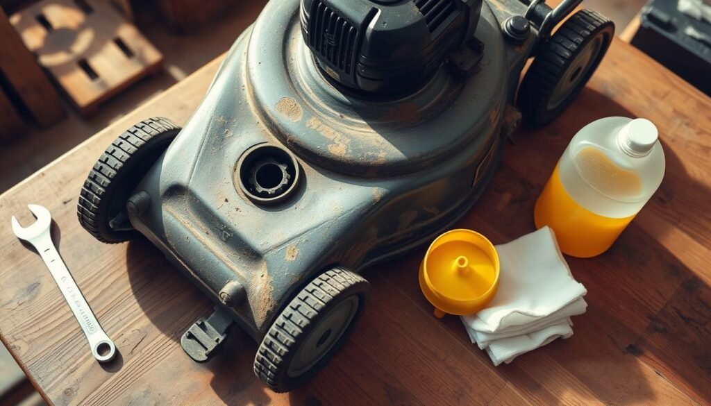 A well-lit, step-by-step visual guide to changing your push mower's oil. A worn, vintage push mower rests on a wooden workbench, surrounded by essential tools - a wrench, funnel, oil container, and clean rags. The camera angle is slightly elevated, providing a clear view of the mower's oil drain plug and fill port. Warm, natural lighting casts subtle shadows, highlighting the mower's weathered details. The overall atmosphere is instructional yet inviting, guiding the viewer through the maintenance process with clarity and ease. A well-lit, step-by-step visual guide to changing your push mower's oil. A worn, vintage push mower rests on a wooden workbench, surrounded by essential tools - a wrench, funnel, oil container, and clean rags. The camera angle is slightly elevated, providing a clear view of the mower's oil drain plug and fill port. Warm, natural lighting casts subtle shadows, highlighting the mower's weathered details. The overall atmosphere is instructional yet inviting, guiding the viewer through the maintenance process with clarity and ease.