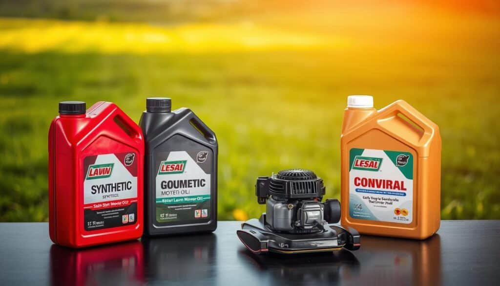 A well-lit tabletop scene showcasing different containers of lawn mower oil. In the foreground, three bottles of synthetic, semi-synthetic, and conventional motor oils are arranged neatly, their labels prominently displayed. In the middle ground, a small lawn mower engine sits, inviting the viewer to consider the oil options. The background features a soft, blurred landscape of a lush, green lawn, creating a natural and serene atmosphere. The lighting is warm and directional, accentuating the colors and textures of the oils and engine components. The overall composition emphasizes the comparison of the various lawn mower oil options.
