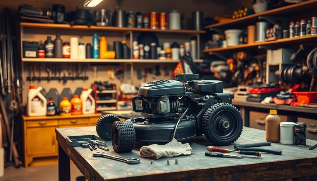 A well-lit workshop interior, with a sturdy workbench in the foreground. On the bench, a lawn mower engine partially disassembled, surrounded by an array of tools - wrenches, screwdrivers, and a clean rag. In the middle ground, a neatly organized set of motor oil bottles, filters, and other maintenance supplies. In the background, shelves filled with organized parts and equipment, casting warm, directional lighting across the scene. The atmosphere is one of focused, professional care - a meticulously maintained lawn mower, ready to perform at its best. A well-lit workshop interior, with a sturdy workbench in the foreground. On the bench, a lawn mower engine partially disassembled, surrounded by an array of tools - wrenches, screwdrivers, and a clean rag. In the middle ground, a neatly organized set of motor oil bottles, filters, and other maintenance supplies. In the background, shelves filled with organized parts and equipment, casting warm, directional lighting across the scene. The atmosphere is one of focused, professional care - a meticulously maintained lawn mower, ready to perform at its best.