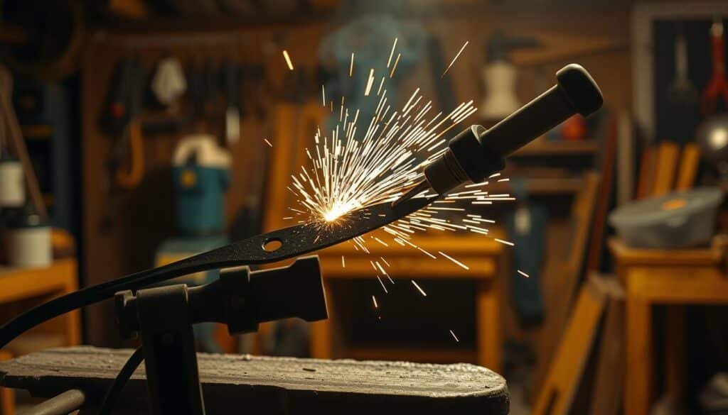 A well-lit workshop interior with a sturdy workbench in the foreground. On the workbench, a lawnmower blade is clamped, and a sharpening tool is being carefully applied to the blade's edge, creating a shower of sparks. The background is blurred, creating a sense of focus on the sharpening process. Warm, directional lighting illuminates the scene, casting shadows that emphasize the blade's contours. The atmosphere is one of precision and diligence, with a sense of the importance of maintaining the mower's performance. A well-lit workshop interior with a sturdy workbench in the foreground. On the workbench, a lawnmower blade is clamped, and a sharpening tool is being carefully applied to the blade's edge, creating a shower of sparks. The background is blurred, creating a sense of focus on the sharpening process. Warm, directional lighting illuminates the scene, casting shadows that emphasize the blade's contours. The atmosphere is one of precision and diligence, with a sense of the importance of maintaining the mower's performance.