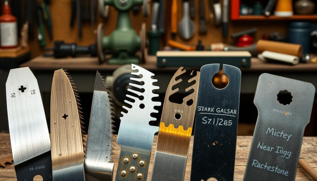 A well-lit workshop scene with a carefully arranged display of mower blades in the foreground. The blades are positioned side-by-side, showcasing their distinct sharpness and condition - some freshly sharpened and gleaming, others dull and worn. In the middle ground, a selection of sharpening tools, including files, grinders, and whetstone, suggests the process of restoring blade edges. The background features a workbench with various maintenance items, hinting at the broader context of lawn mower upkeep. The overall mood is one of thoughtful consideration, highlighting the decision-making process of determining when to sharpen new mower blades. A well-lit workshop scene with a carefully arranged display of mower blades in the foreground. The blades are positioned side-by-side, showcasing their distinct sharpness and condition - some freshly sharpened and gleaming, others dull and worn. In the middle ground, a selection of sharpening tools, including files, grinders, and whetstone, suggests the process of restoring blade edges. The background features a workbench with various maintenance items, hinting at the broader context of lawn mower upkeep. The overall mood is one of thoughtful consideration, highlighting the decision-making process of determining when to sharpen new mower blades.