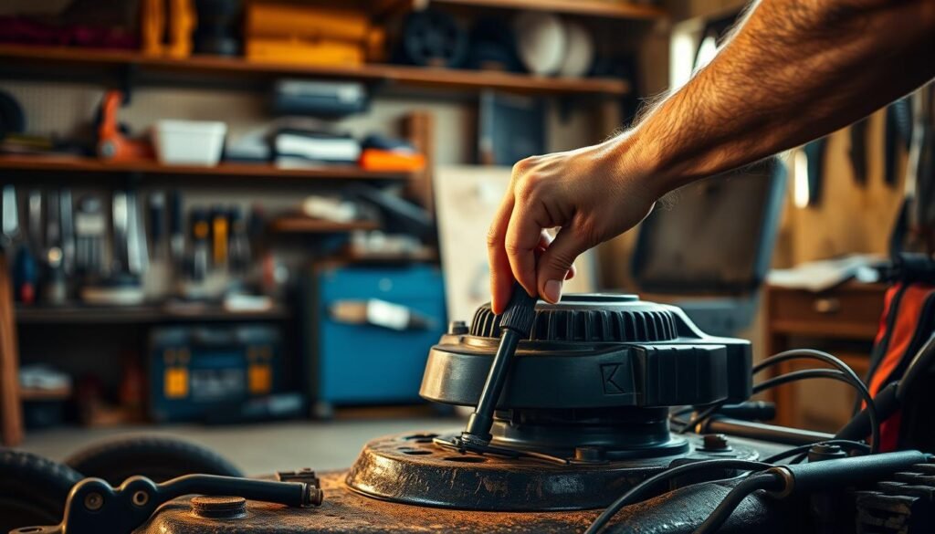 A well-lit workshop scene with a lawn mower in the foreground. A mechanic's hand carefully checking the dipstick to accurately measure the oil level, with a focused, thoughtful expression. In the background, shelves of tools and an open toolbox suggest a professional, organized workspace. The lighting is warm and natural, casting soft shadows that emphasize the textures and details of the mower and the mechanic's actions. The overall mood is one of calm attentiveness, conveying the importance of properly maintaining one's lawn equipment. A well-lit workshop scene with a lawn mower in the foreground. A mechanic's hand carefully checking the dipstick to accurately measure the oil level, with a focused, thoughtful expression. In the background, shelves of tools and an open toolbox suggest a professional, organized workspace. The lighting is warm and natural, casting soft shadows that emphasize the textures and details of the mower and the mechanic's actions. The overall mood is one of calm attentiveness, conveying the importance of properly maintaining one's lawn equipment.