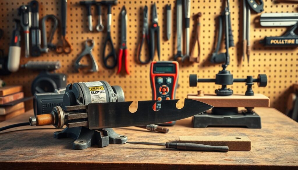 A well-lit workshop table showcases a variety of mower blade sharpening tools. In the foreground, a sturdy bench vise grips a mower blade, while a high-quality angle grinder, file, and sharpening stone sit nearby, ready for action. In the middle ground, a digital torque wrench and blade balancer stand ready to ensure precise sharpening and proper blade balance. The background features a pegboard wall displaying other essential maintenance tools, casting a warm, industrial glow over the scene. The overall mood is one of focused, meticulous preparation for the safe and effective sharpening of a mower blade. A well-lit workshop table showcases a variety of mower blade sharpening tools. In the foreground, a sturdy bench vise grips a mower blade, while a high-quality angle grinder, file, and sharpening stone sit nearby, ready for action. In the middle ground, a digital torque wrench and blade balancer stand ready to ensure precise sharpening and proper blade balance. The background features a pegboard wall displaying other essential maintenance tools, casting a warm, industrial glow over the scene. The overall mood is one of focused, meticulous preparation for the safe and effective sharpening of a mower blade.