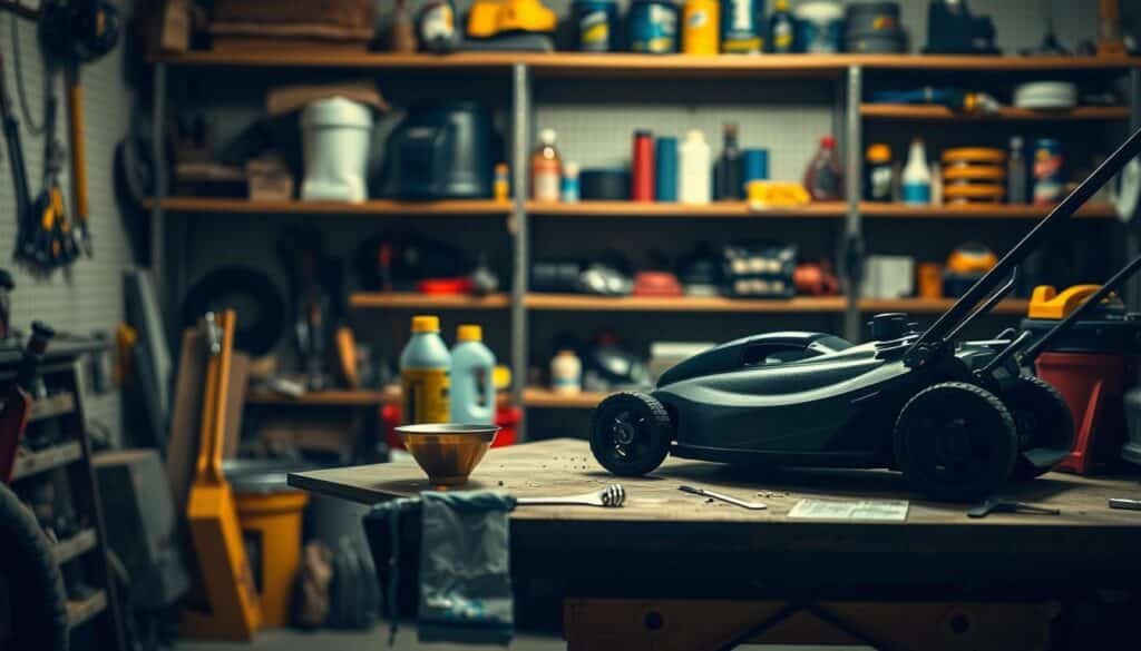 A well-lit workshop with a sturdy workbench in the foreground, a push lawn mower resting on the surface. In the middle ground, a set of mechanic's tools neatly arranged, including a wrench, funnel, and a bottle of fresh engine oil. The background features shelves stocked with various automotive supplies and parts. The lighting is warm and focused, casting a soft glow on the scene, conveying a sense of focused, step-by-step process. The overall atmosphere is one of a methodical, DIY approach to lawn mower maintenance. A well-lit workshop with a sturdy workbench in the foreground, a push lawn mower resting on the surface. In the middle ground, a set of mechanic's tools neatly arranged, including a wrench, funnel, and a bottle of fresh engine oil. The background features shelves stocked with various automotive supplies and parts. The lighting is warm and focused, casting a soft glow on the scene, conveying a sense of focused, step-by-step process. The overall atmosphere is one of a methodical, DIY approach to lawn mower maintenance.