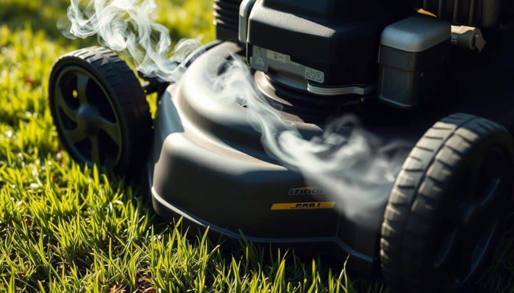 A well-maintained lawn mower on a lush green lawn, the engine emitting a plume of white smoke. Close-up view, highlighting the engine compartment and the exhaust pipe. Soft natural lighting casts gentle shadows, creating a sense of depth and realism. The mower is positioned at a slight angle, inviting the viewer to examine the issue closely. The overall scene conveys a sense of troubleshooting and problem-solving, setting the stage for the article's "Common Causes and Quick Fixes" section. A well-maintained lawn mower on a lush green lawn, the engine emitting a plume of white smoke. Close-up view, highlighting the engine compartment and the exhaust pipe. Soft natural lighting casts gentle shadows, creating a sense of depth and realism. The mower is positioned at a slight angle, inviting the viewer to examine the issue closely. The overall scene conveys a sense of troubleshooting and problem-solving, setting the stage for the article's "Common Causes and Quick Fixes" section.