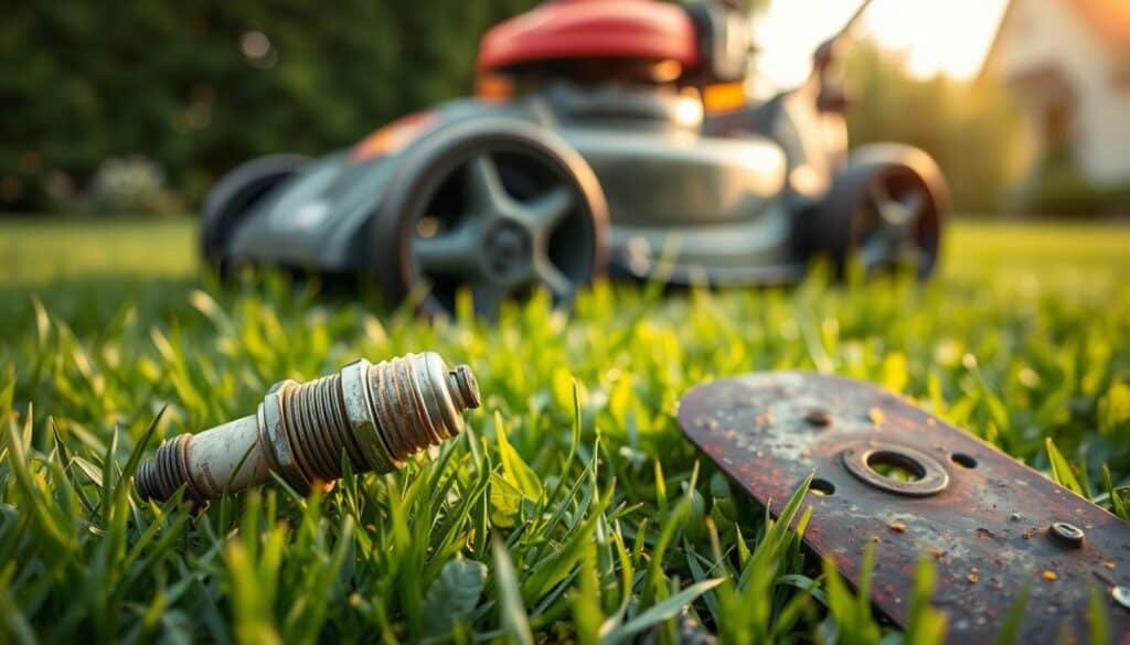 A well-maintained push mower rests on a lush, green lawn, its blades gleaming in the soft, golden light of a late afternoon. In the foreground, a cracked, worn-out spark plug lies abandoned, a testament to a cranky engine that refuses to stay running. The middle ground features a clogged air filter, its mesh obscured by a layer of dust and debris, impeding airflow and starving the engine. In the background, a rusted, dull blade hints at the need for regular sharpening and maintenance, the key to a clean, even cut. The overall scene conveys a sense of frustration and the importance of proactive care to keep a push mower in peak condition. A well-maintained push mower rests on a lush, green lawn, its blades gleaming in the soft, golden light of a late afternoon. In the foreground, a cracked, worn-out spark plug lies abandoned, a testament to a cranky engine that refuses to stay running. The middle ground features a clogged air filter, its mesh obscured by a layer of dust and debris, impeding airflow and starving the engine. In the background, a rusted, dull blade hints at the need for regular sharpening and maintenance, the key to a clean, even cut. The overall scene conveys a sense of frustration and the importance of proactive care to keep a push mower in peak condition.