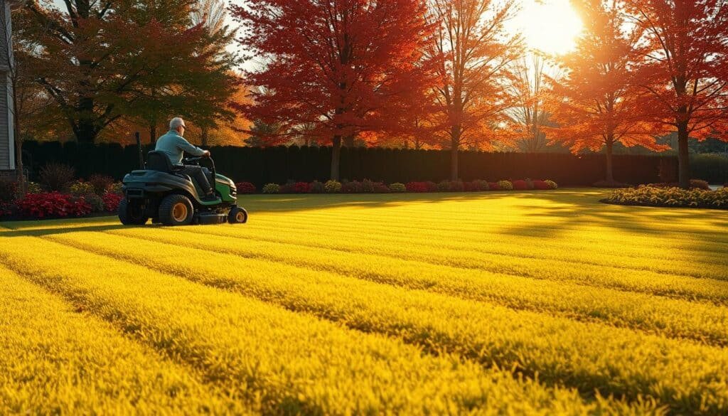 A well-manicured lawn in the crisp autumn air, the sun's warm glow illuminating the scene. In the foreground, a person meticulously mows the grass, their riding lawnmower carving clean, parallel lines across the lush, golden expanse. The blades spin with a rhythmic hum, leaving behind a neatly trimmed carpet of verdant blades. In the middle ground, the lawn's edges are neatly edged, creating a sharp contrast with the surrounding beds of vibrant fall foliage. In the background, a row of towering maple trees sway gently, their fiery red and orange leaves casting a vibrant, autumnal backdrop. The overall atmosphere is one of orderly precision and the peaceful transition into the colder months. A well-manicured lawn in the crisp autumn air, the sun's warm glow illuminating the scene. In the foreground, a person meticulously mows the grass, their riding lawnmower carving clean, parallel lines across the lush, golden expanse. The blades spin with a rhythmic hum, leaving behind a neatly trimmed carpet of verdant blades. In the middle ground, the lawn's edges are neatly edged, creating a sharp contrast with the surrounding beds of vibrant fall foliage. In the background, a row of towering maple trees sway gently, their fiery red and orange leaves casting a vibrant, autumnal backdrop. The overall atmosphere is one of orderly precision and the peaceful transition into the colder months.