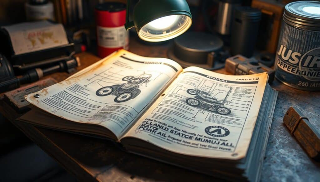 A well-worn and heavily annotated push mower operator's manual lies open on a cluttered workbench, illuminated by the warm glow of an overhead task light. The pages are dog-eared and stained with motor oil, hinting at years of use. The manual's cover features a detailed technical illustration of the mower's internal components, inviting the viewer to delve into the specifics of its maintenance and operation. The scene conveys a sense of practical experience and a dedication to understanding the intricacies of this essential piece of lawn care equipment. A well-worn and heavily annotated push mower operator's manual lies open on a cluttered workbench, illuminated by the warm glow of an overhead task light. The pages are dog-eared and stained with motor oil, hinting at years of use. The manual's cover features a detailed technical illustration of the mower's internal components, inviting the viewer to delve into the specifics of its maintenance and operation. The scene conveys a sense of practical experience and a dedication to understanding the intricacies of this essential piece of lawn care equipment.