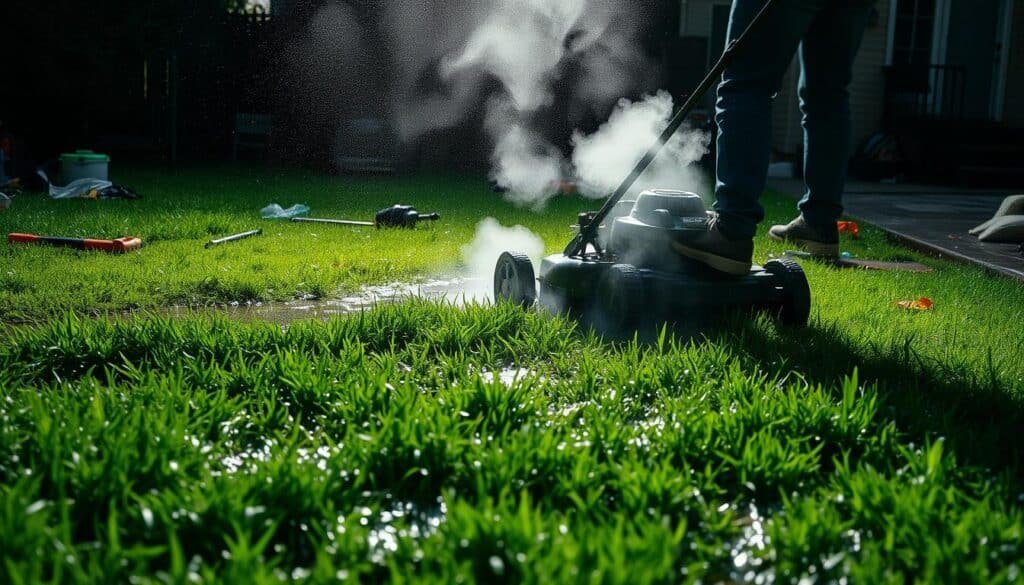 A wet, slippery lawn with puddles and long grass, illuminated by harsh, overhead lighting. In the foreground, a person mowing the grass with a powered lawn mower, their feet dangerously close to the spinning blades. Clouds of mist and spray kick up from the mower, reducing visibility. In the middle ground, scattered tools and debris litter the uneven ground, posing tripping hazards. The background shows a cluttered, unkempt yard, suggesting a lack of attention to safety. The overall scene conveys a sense of peril and the need for caution when mowing wet grass. A wet, slippery lawn with puddles and long grass, illuminated by harsh, overhead lighting. In the foreground, a person mowing the grass with a powered lawn mower, their feet dangerously close to the spinning blades. Clouds of mist and spray kick up from the mower, reducing visibility. In the middle ground, scattered tools and debris litter the uneven ground, posing tripping hazards. The background shows a cluttered, unkempt yard, suggesting a lack of attention to safety. The overall scene conveys a sense of peril and the need for caution when mowing wet grass.