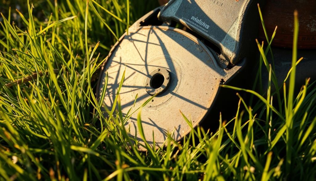 An overgrown, dull lawn mower blade with a ragged, uneven edge, casting shadows on the sun-dappled grass. The blade is partially obscured by long, unkempt grass, suggesting neglect. Warm, golden-hour lighting creates a sense of worn, weathered textures. The scene conveys the need for blade maintenance, with the uneven, dull edges highlighting the importance of keeping your lawn mower in top condition. An overgrown, dull lawn mower blade with a ragged, uneven edge, casting shadows on the sun-dappled grass. The blade is partially obscured by long, unkempt grass, suggesting neglect. Warm, golden-hour lighting creates a sense of worn, weathered textures. The scene conveys the need for blade maintenance, with the uneven, dull edges highlighting the importance of keeping your lawn mower in top condition.