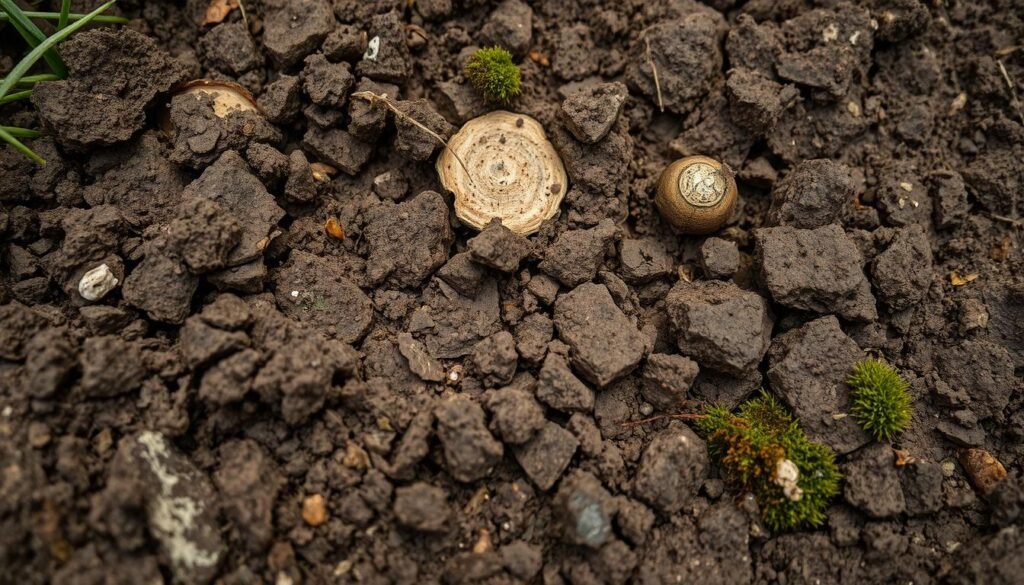 Close-up detailed view of compacted, dense lawn soil with visible signs of disease and deterioration. The soil appears heavily compacted, with a dull, discolored surface texture and irregular patches of discoloration. Visible fungal growth and moss suggest poor drainage and lack of air circulation. Illuminated from above by natural, soft diffused lighting that accentuates the textural details. Shallow depth of field to focus attention on the unhealthy soil conditions. Conveys a somber, neglected atmosphere that highlights the impact of improper lawn maintenance.