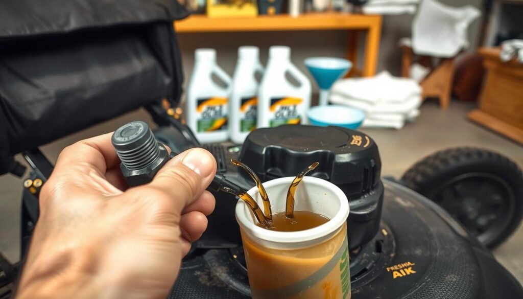 Detailed step-by-step process of a lawn mower oil change. A well-lit, close-up view of a push mower's engine, with the oil drain plug and dipstick clearly visible. In the foreground, a hand is unscrewing the drain plug, allowing old oil to flow into a waiting container. In the middle ground, fresh oil bottles are displayed, along with a funnel and paper towels. The background shows a neatly organized workbench or garage setting, providing a sense of context and organization. The overall mood is one of a straightforward, instructional guide, with a focus on the technical details of the oil change process. Detailed step-by-step process of a lawn mower oil change. A well-lit, close-up view of a push mower's engine, with the oil drain plug and dipstick clearly visible. In the foreground, a hand is unscrewing the drain plug, allowing old oil to flow into a waiting container. In the middle ground, fresh oil bottles are displayed, along with a funnel and paper towels. The background shows a neatly organized workbench or garage setting, providing a sense of context and organization. The overall mood is one of a straightforward, instructional guide, with a focus on the technical details of the oil change process.