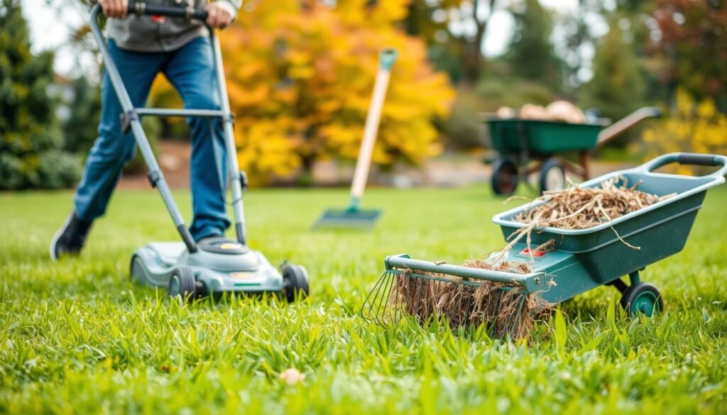 Lush, vibrant lawn against a backdrop of seasonal foliage. In the foreground, a person mowing the grass with a modern, energy-efficient lawn mower, their motion captured in a dynamic, action-oriented composition. The midsection showcases a raking tool, symbolizing the process of dethatching the lawn. In the distance, a wheelbarrow filled with lawn debris, hinting at the cleanup involved. Soft, diffused natural lighting illuminates the scene, creating a sense of warmth and productivity. The overall atmosphere conveys the importance of timing lawn care tasks for a healthy, thriving outdoor space. Lush, vibrant lawn against a backdrop of seasonal foliage. In the foreground, a person mowing the grass with a modern, energy-efficient lawn mower, their motion captured in a dynamic, action-oriented composition. The midsection showcases a raking tool, symbolizing the process of dethatching the lawn. In the distance, a wheelbarrow filled with lawn debris, hinting at the cleanup involved. Soft, diffused natural lighting illuminates the scene, creating a sense of warmth and productivity. The overall atmosphere conveys the importance of timing lawn care tasks for a healthy, thriving outdoor space.