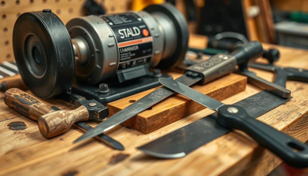 a detailed, high-quality, closeup photo of various mower blade sharpening tools arranged neatly on a wooden workbench, with good lighting and focus, capturing the textures and materials of the tools such as steel, wood, and plastic. The tools should include a bench grinder, file, sharpening stone, and other specialized blade sharpening equipment. The image should have a clean, professional, and informative atmosphere, showcasing the essential tools needed for properly maintaining and sharpening mower blades. a detailed, high-quality, closeup photo of various mower blade sharpening tools arranged neatly on a wooden workbench, with good lighting and focus, capturing the textures and materials of the tools such as steel, wood, and plastic. The tools should include a bench grinder, file, sharpening stone, and other specialized blade sharpening equipment. The image should have a clean, professional, and informative atmosphere, showcasing the essential tools needed for properly maintaining and sharpening mower blades.